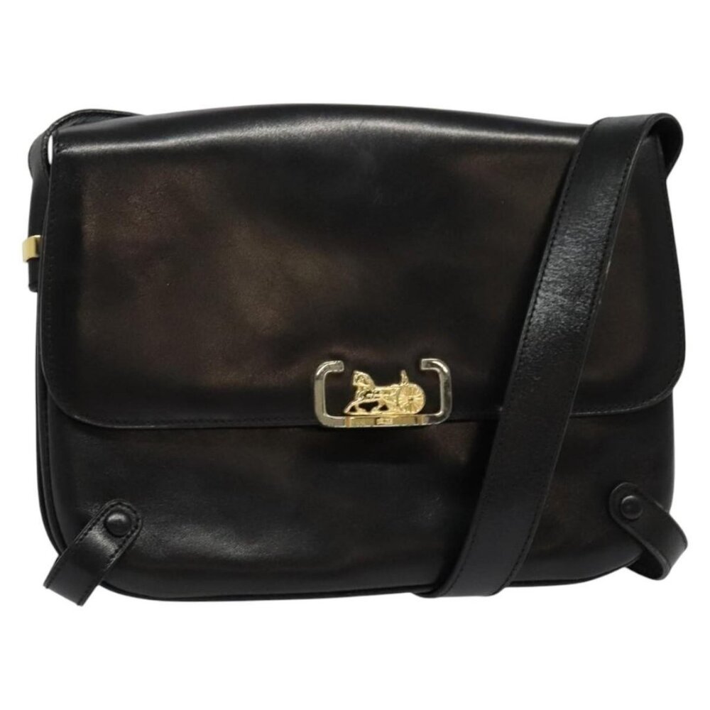 Authentic CELINE Shoulder Bag Leather Black Gold